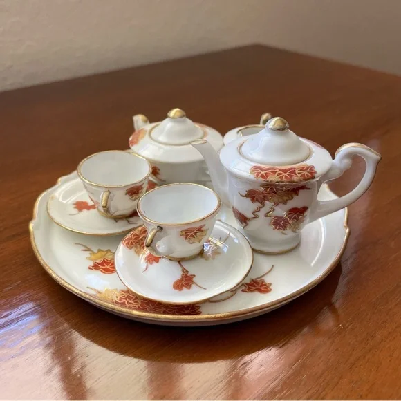 Vintage Porcelain Miniature Tea Set White Red Orange Yellow Gold Gilded Maple - Picture 1 of 12